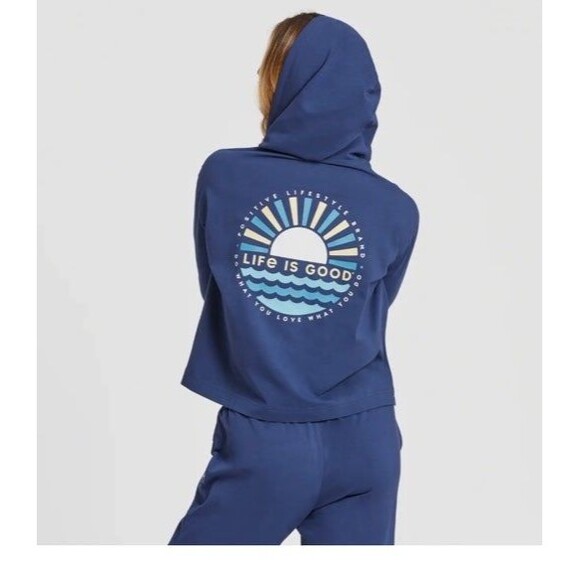 Life Is Good L Crusher-Flex Boxy Hoodie Sunset Graphic Blue Lounge Pullover - Picture 1 of 11